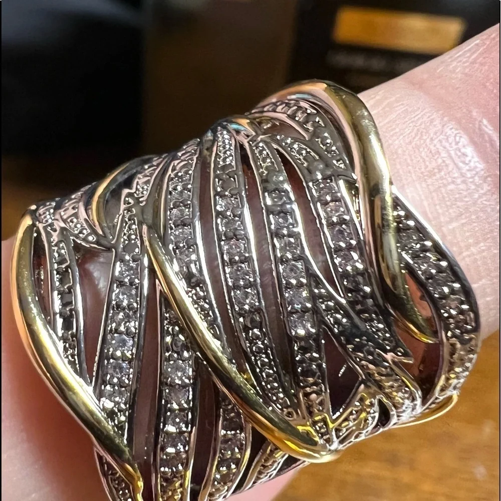 Two Tone gold silver Round Diamond Layer Very Wide Band Ring 925 stamped